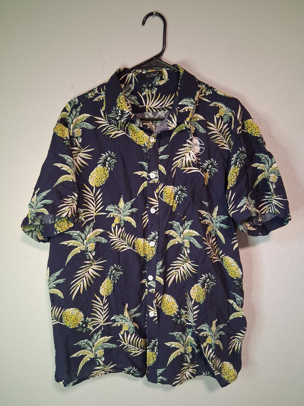 Hawaiian Pineapple Shirt Men’s 2XL Navy Blue Button Up Xi Peng Tropical Aloha